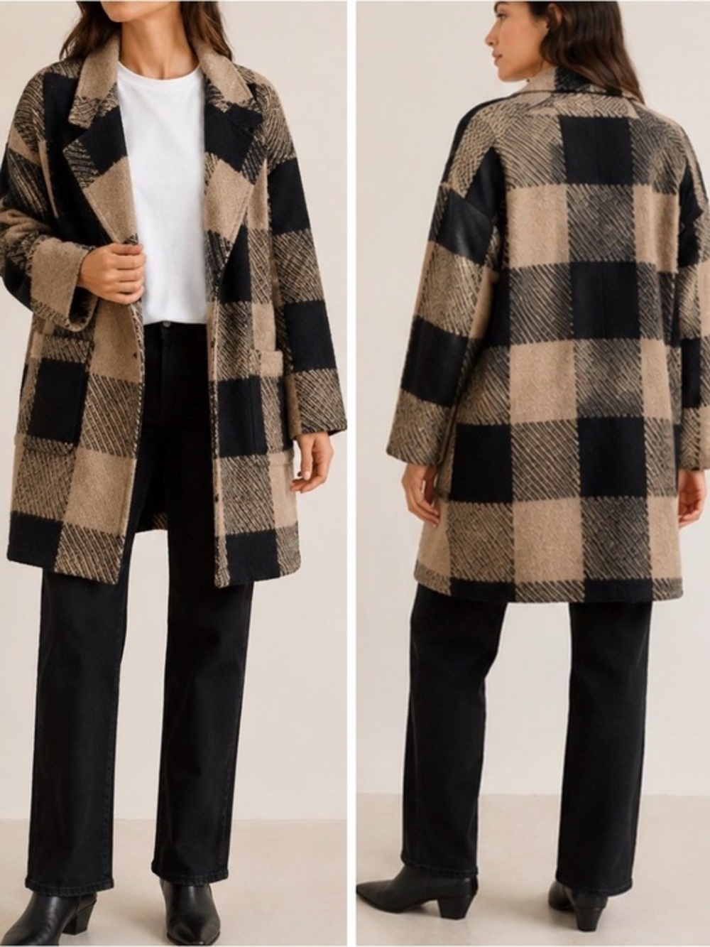 ASTR The Label Cora Plaid Wool Blend Peacoat Oversized Brown Black Coat